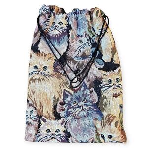 Vintage Cat Cottagecore Drawstring Bag – Tapestry EUC 🐱🌸✨